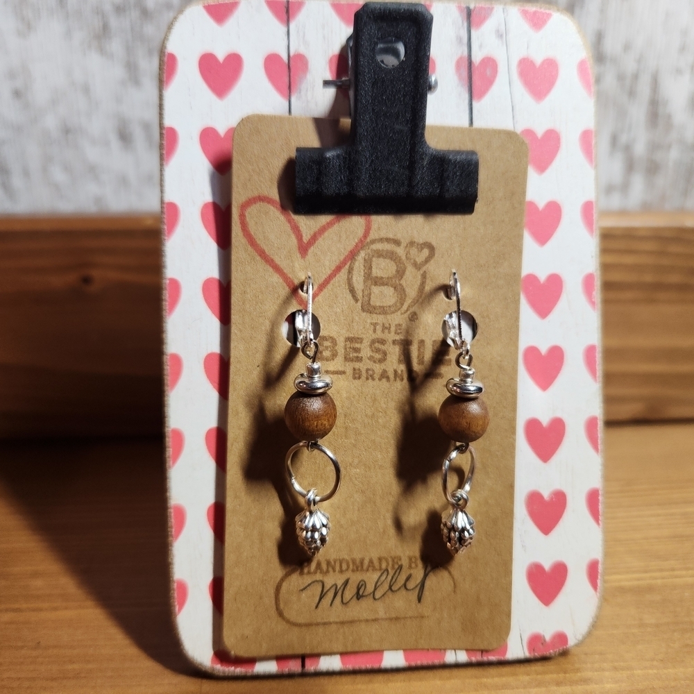 Silver in Color Pine Cone Wooden Bead Dangle Drop Leverback Winter Fall Earrings